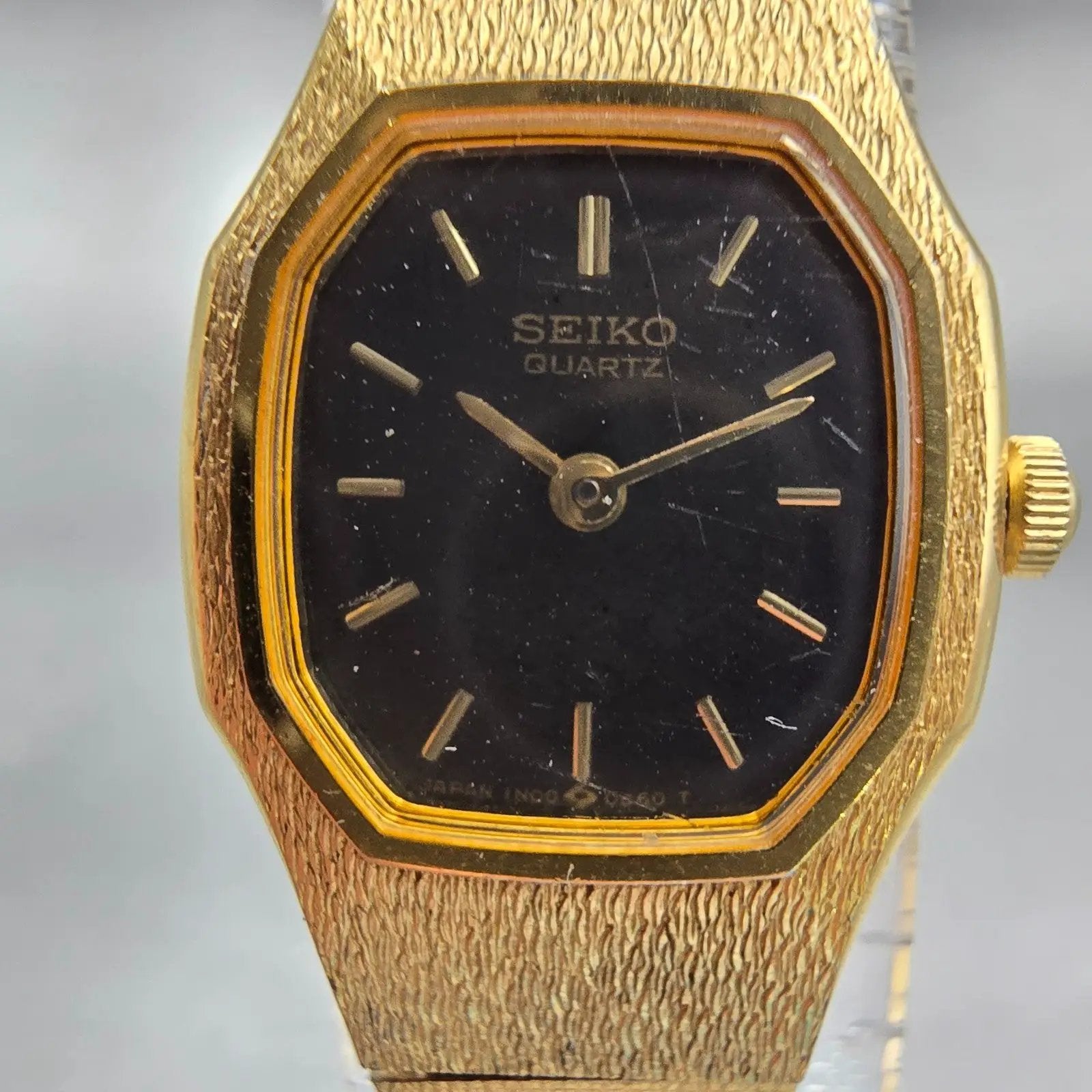 Seiko Watch Women 17mm Black Dial Gold Tone Octagon 1N00-5B29 New Battery VTG1