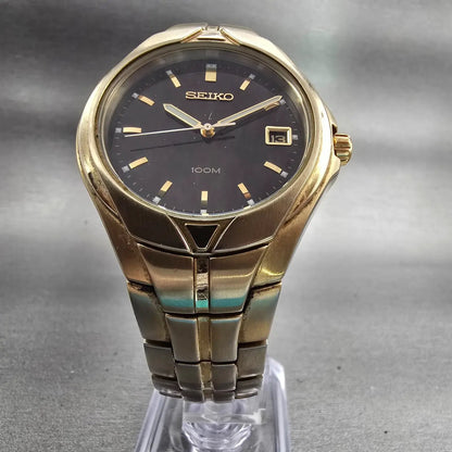 Seiko Watch Men 37mm Black Dial Gold Tone Date Round 7N42-0BC0 New Battery VTG5