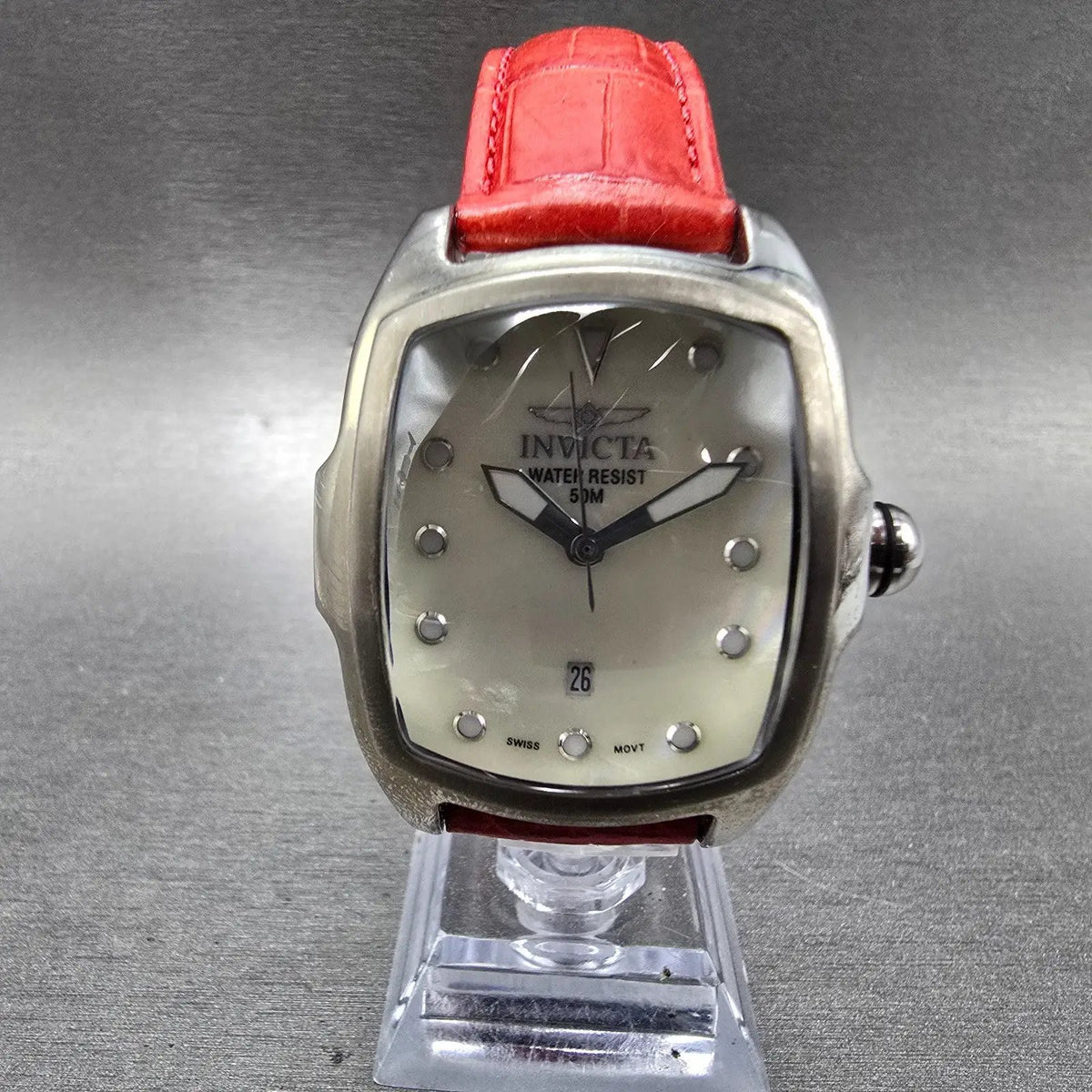 Invicta Lupah Watch 34mm MOP Dial Silver Date Rectangle 0011 New Battery Leather0