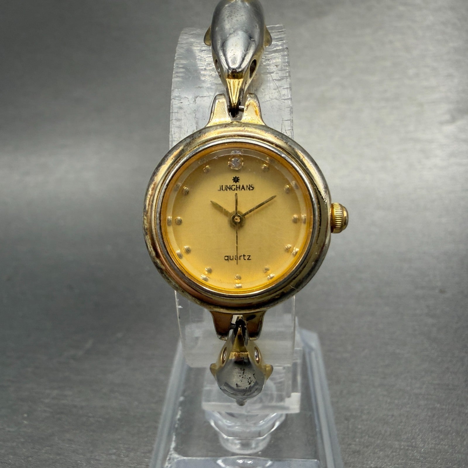 Junghans Watch Women 21mm Gold Dial Gold Tone Round Bangle New Battery0