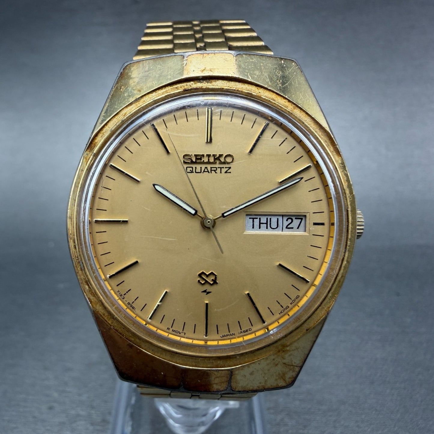 Seiko SQ Watch Men 35mm Gold Dial Gold Tone Daydate Round 7123-8570 New Battery0