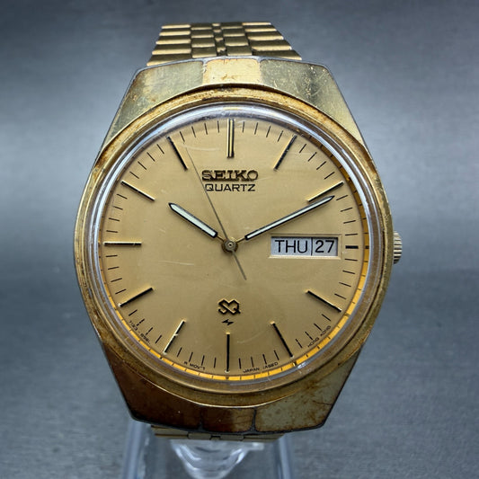 Seiko SQ Watch Men 35mm Gold Dial Gold Tone Daydate Round 7123-8570 New Battery0