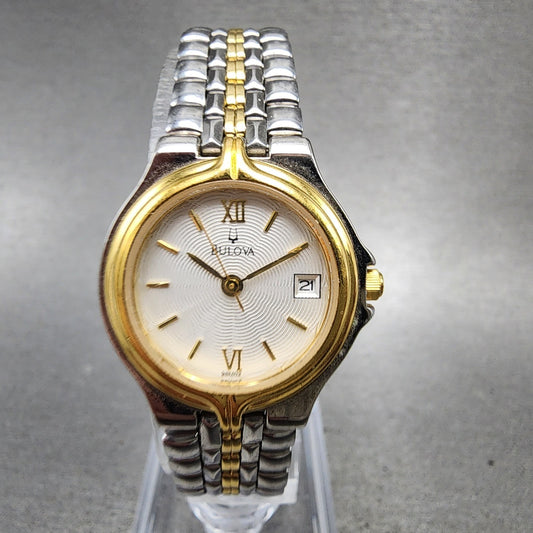 Bulova Watch Women 24mm White Dial two Tone Date Round 98M02 New Battery0