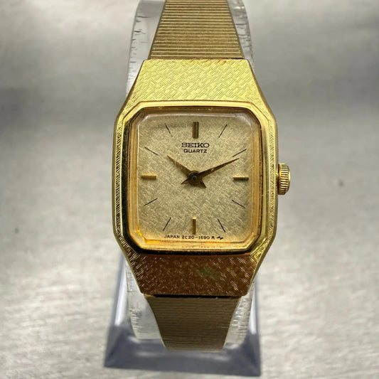 Seiko Watch Women 16mm Gold Dial Gold Tone Rectangle 2C20-5789 New Battery VTG0