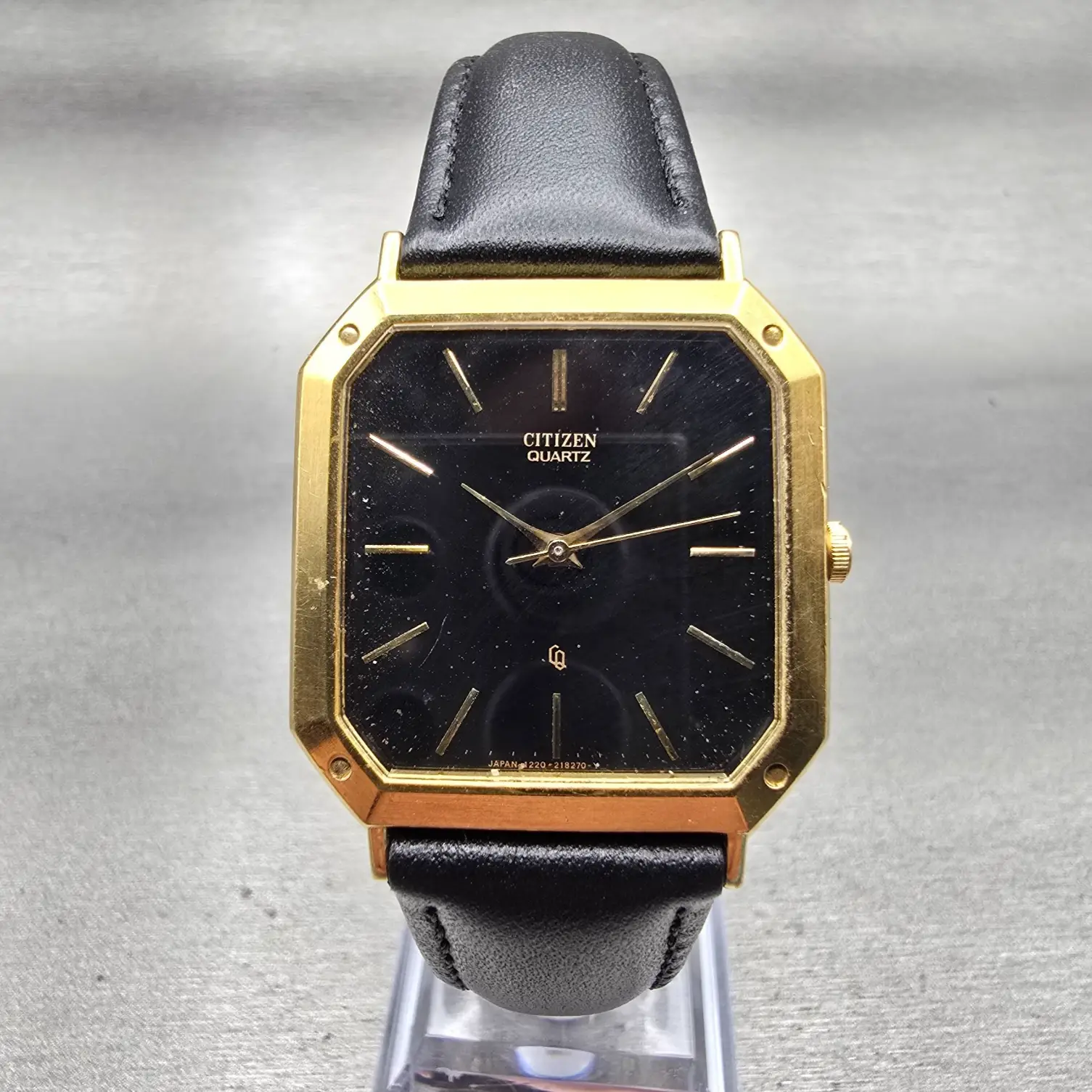 Citizen CQ Watch Men 30mm Black Dial Gold Tone Rectangle 1230-214960 New Battery0