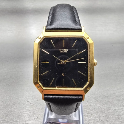 Citizen CQ Watch Men 30mm Black Dial Gold Tone Rectangle 1230-214960 New Battery0