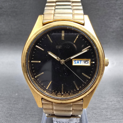 Seiko Watch Men 37mm Black Dial Gold Daydate Round 7N43-9048 New Battery JP VTG0