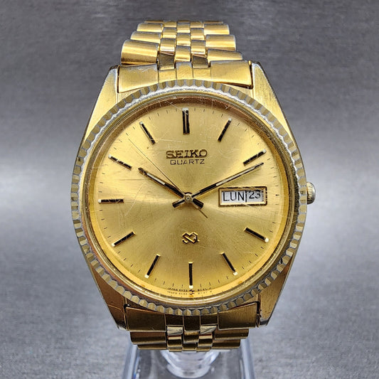 Seiko SQ President Watch Men 36mm Gold Dial Gold Tone Daydate Round 5Y23-8A69 A1