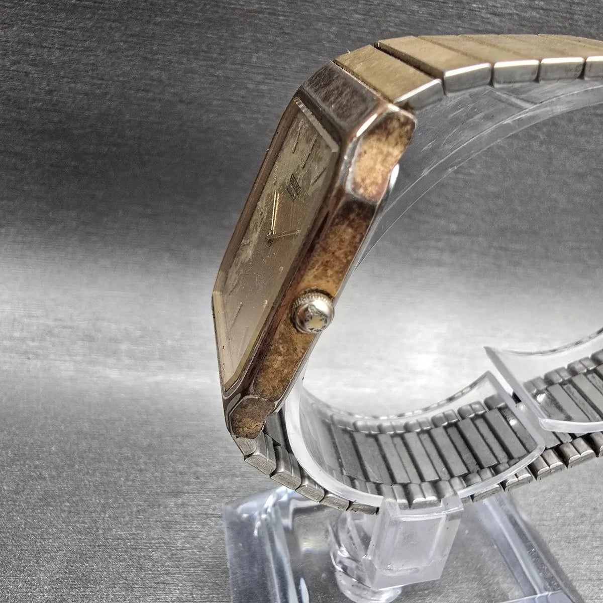 Seiko Watch Men 26mm Gold Dial Gold Rectangle 6530-5790 New Battery VTG2