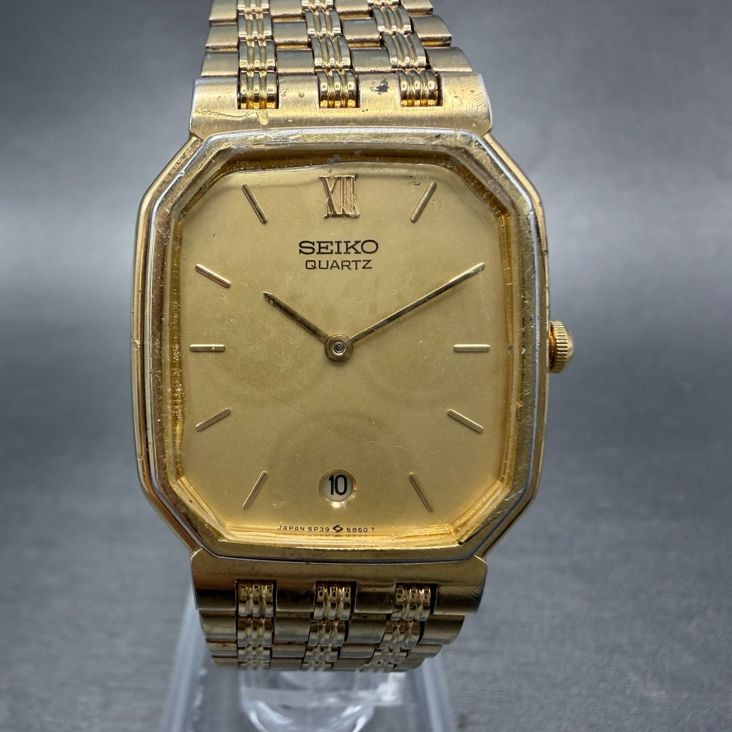 Seiko Watch Men 28mm Champagne Dial Gold Tone Date Octagon 5P39-5B49 New Battery0