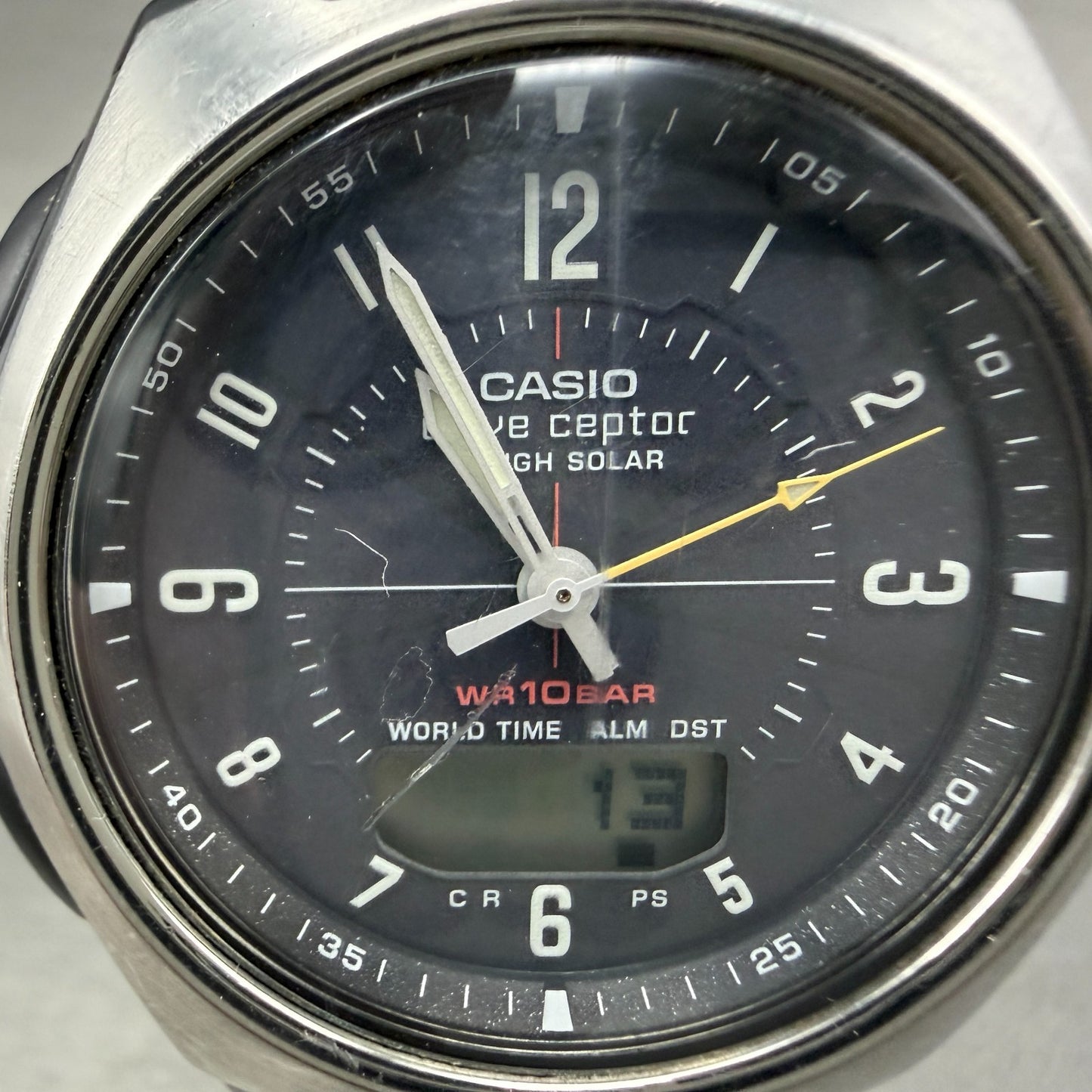 Casio Wave Ceptor Watch Men 43mm Black Dial Silver Tone Analog Digital  Solar KL1