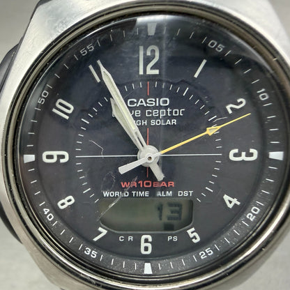 Casio Wave Ceptor Watch Men 43mm Black Dial Silver Tone Analog Digital  Solar KL1