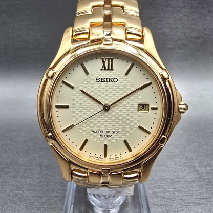 Seiko Watch Men 35mm Champagne Dial Gold Tone Date Round 7N32-0049 New Battery0