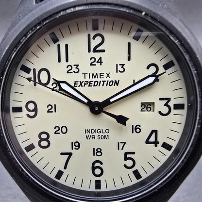 Timex Expedition Scout Watch Men 40mm Cream Dial Black Tone Date Round New Bat Q1