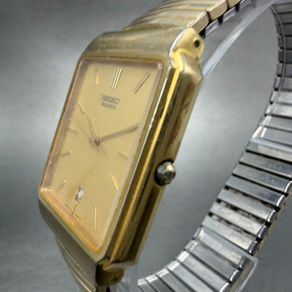 Seiko Tank Watch Men 26mm Champagne Dial Gold Tone Date Rectangle 5Y32-5129 PART3