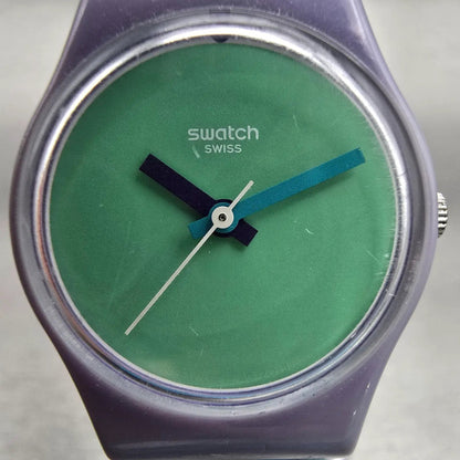 Swatch Fun In Blue Watch Women Green Dial Purple Case Round LV117 New Battery1