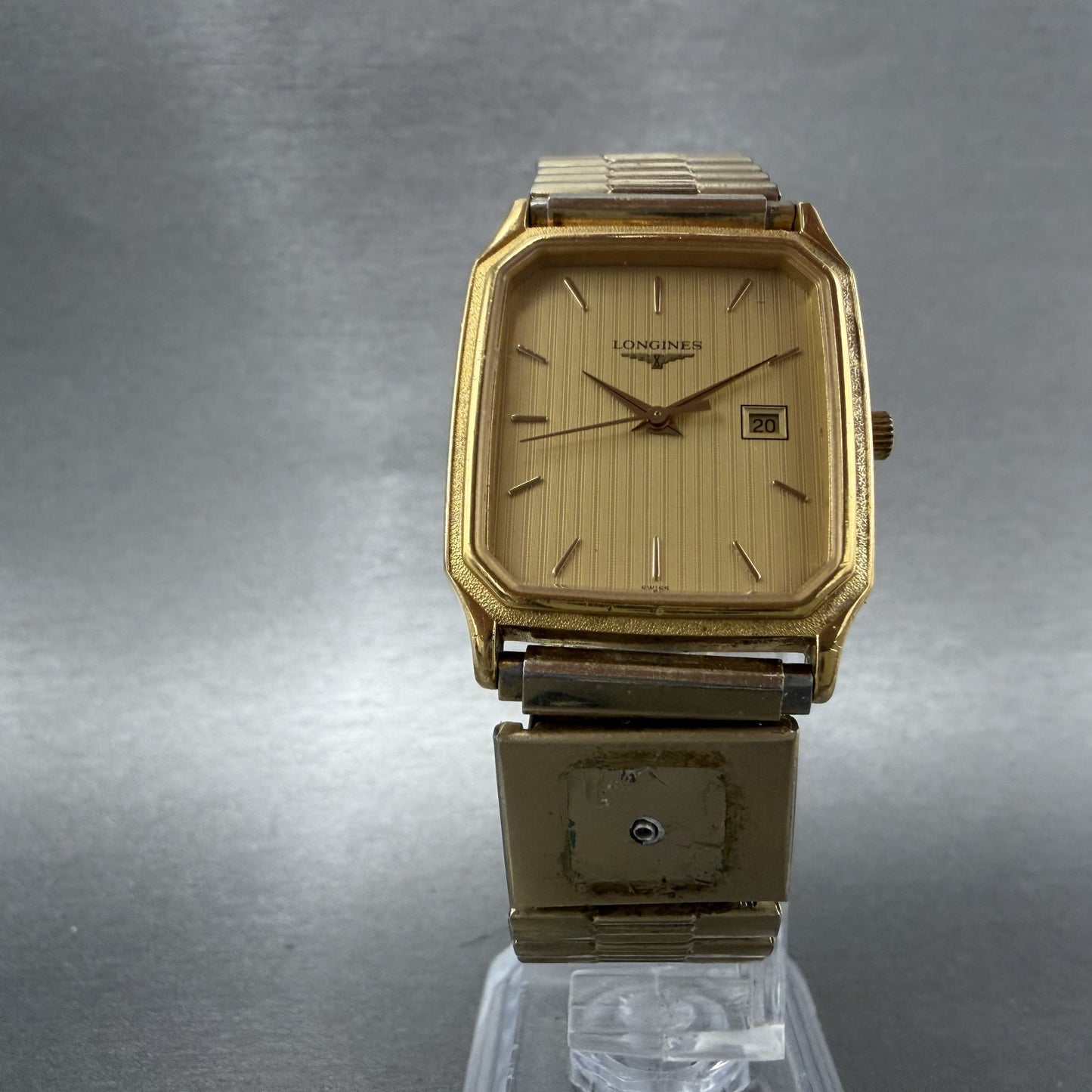 Longines Tank Watch Men 28mm Gold Dial Gold Tone Octagon Date L.7.985.2 PARTS6