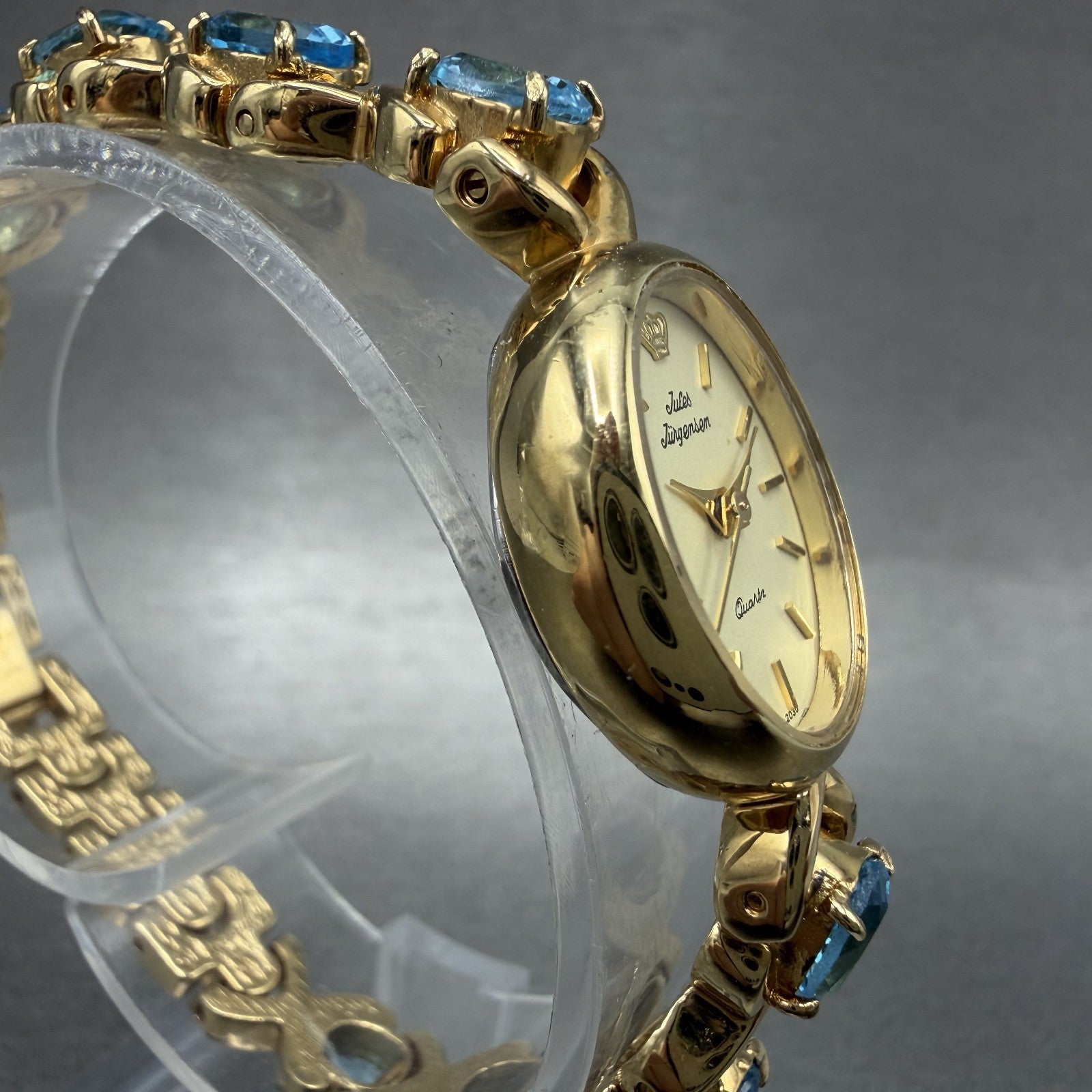Jules Jurgenson Watch Women 19mm Cream Dial Gold Tone Oval Blue Topaz New Batt3