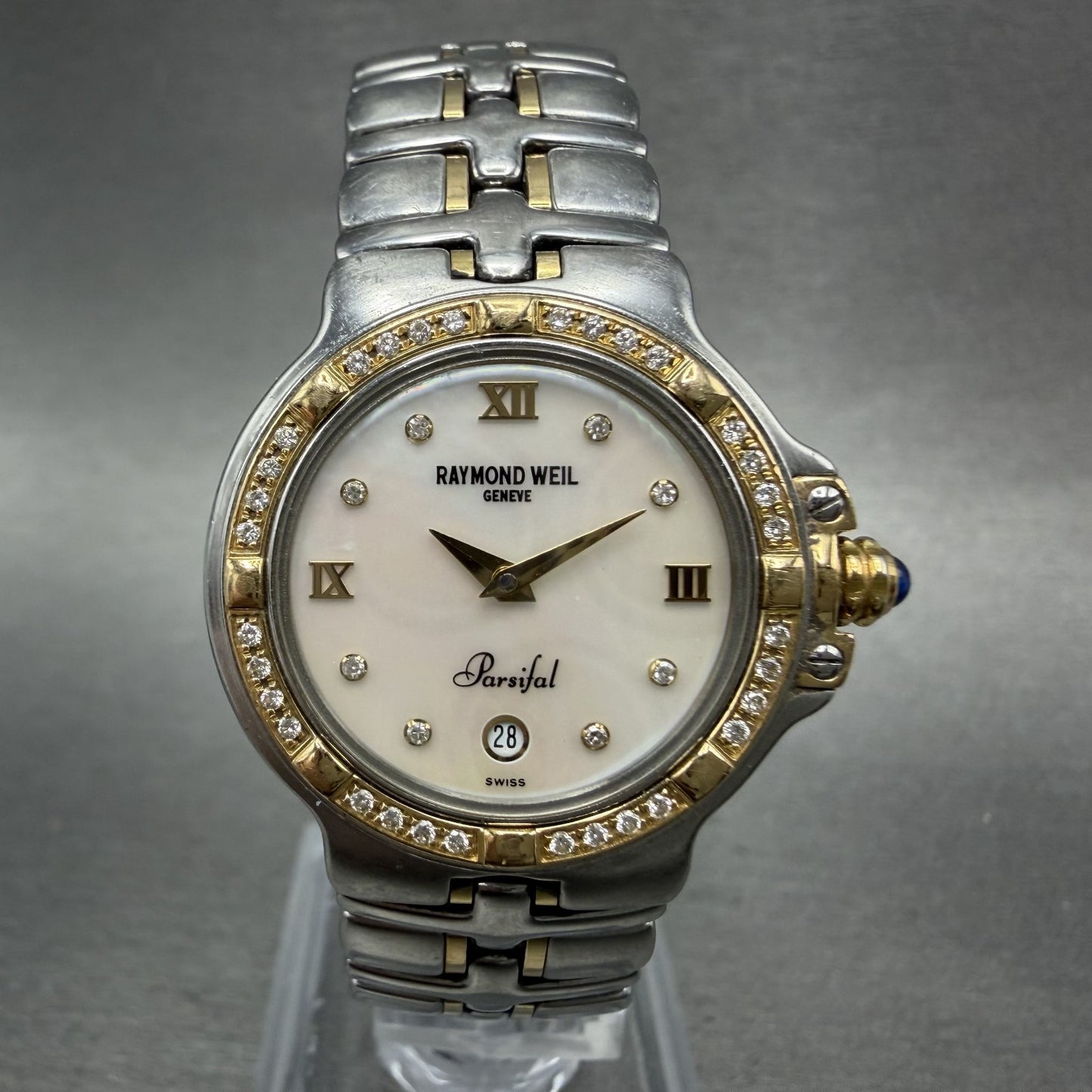 Raymond Weil Parsifal Watch Women 27mm MOP Dial Steel Diamond Bezel Date NewbatA0