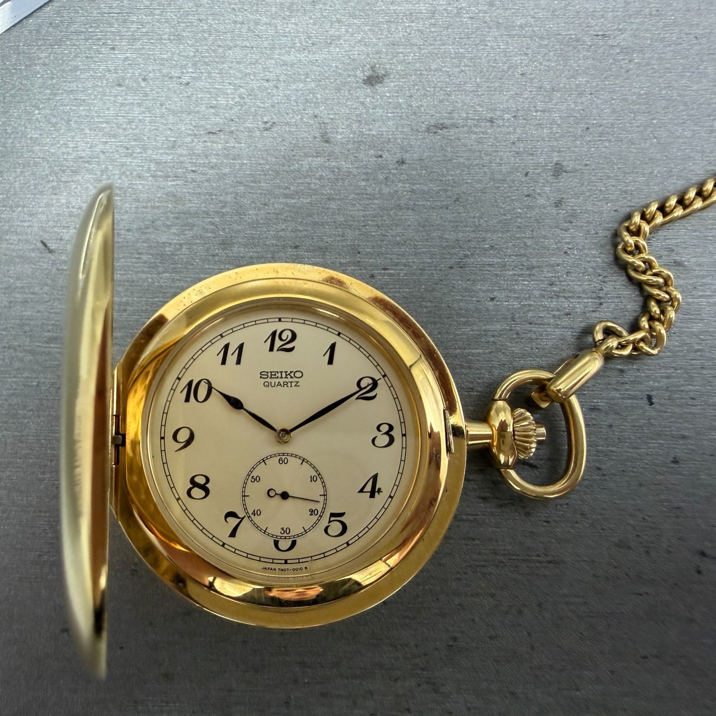 Seiko Pocket Watch Men 42mm Champagne Dial Gold Tone Round 7N07-001A New Battery0