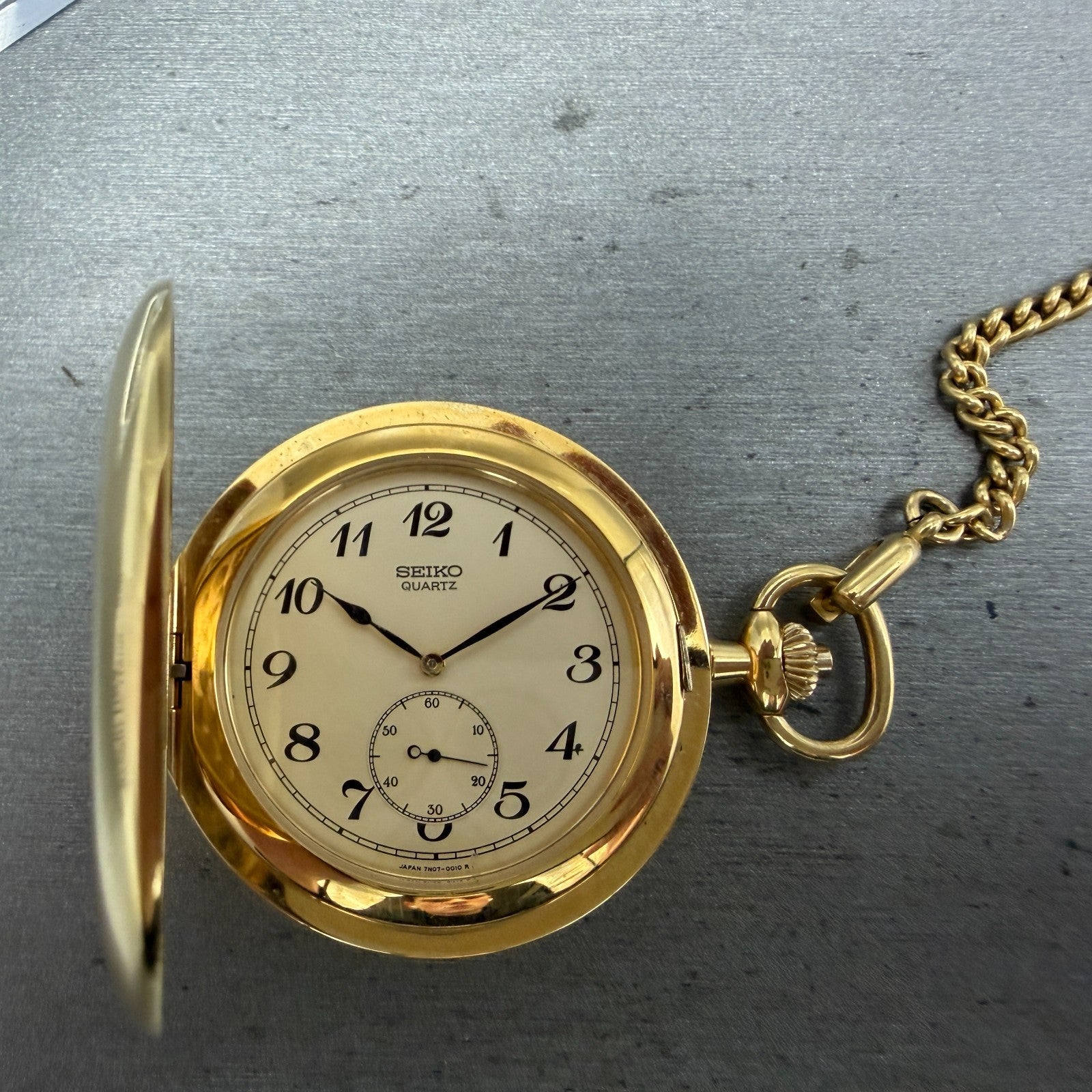 Seiko Pocket Watch Men 42mm Champagne Dial Gold Tone Round 7N07-001A New Battery0
