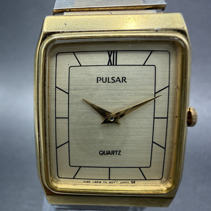 Pulsar Tank Watch Men 27mm Champagne Dial Gold Tone Rectangle Y130-5240 New Batt1