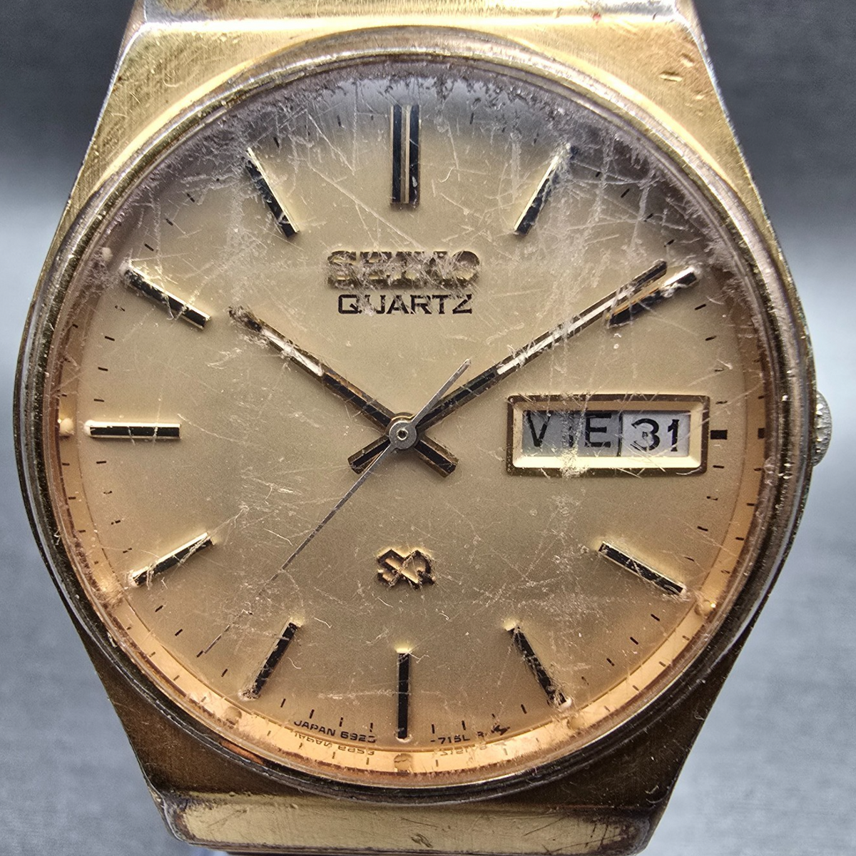 Seiko SQ Watch Men 33mm Gold Dial Gold Daydate Round 6923-7099 New Battery VTG1