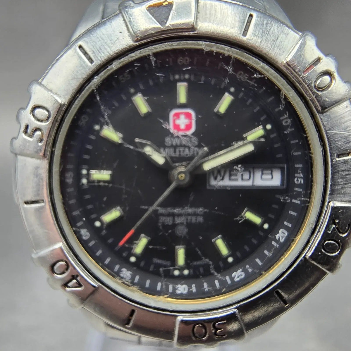 Swiss Military Automatic Dive Watch Women 30mm Black Dial Steel Daydate Works2