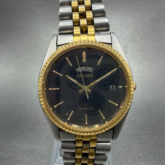 Seiko President Watch Men 36mm Black Dial Two Tone Daydate 7N43-8A49 New Battery0