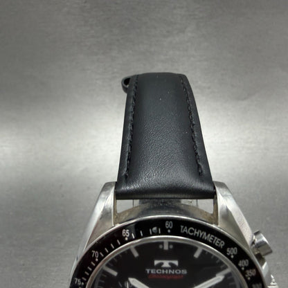 Technos Chronograph Watch Men 42mm Black Dial Silver Tone Round T4062 New Batt A4