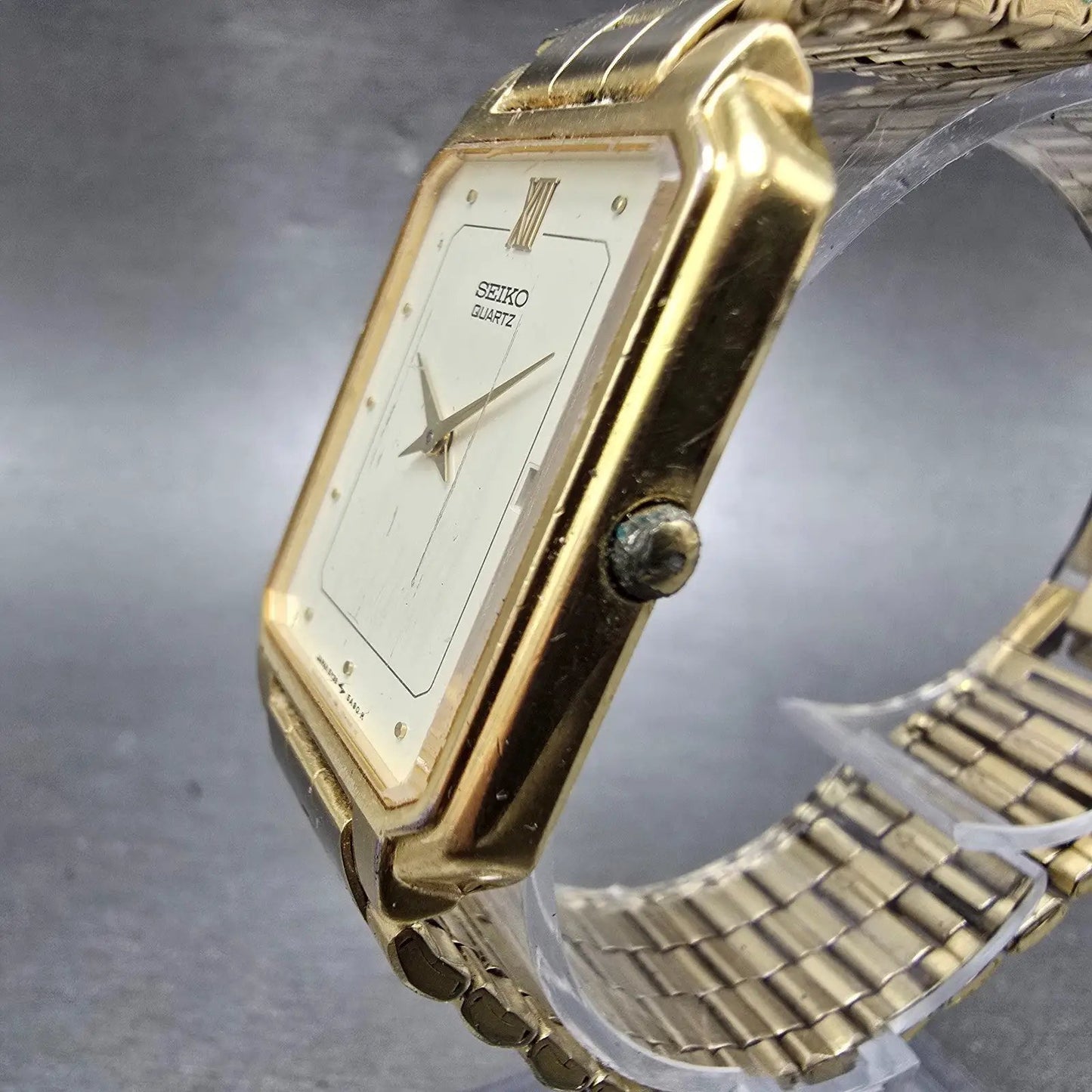 Seiko Tank Watch Men 26mm Cream Dial Gold Tone Date Rectangle 5Y39-5A60 PARTS3
