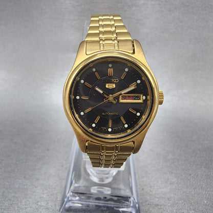 Seiko 5 Watch Women 25mm Black Dial Gold Tone Daydate Round 42060720 Runs0