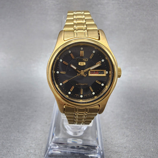 Seiko 5 Watch Women 25mm Black Dial Gold Tone Daydate Round 42060720 Runs0