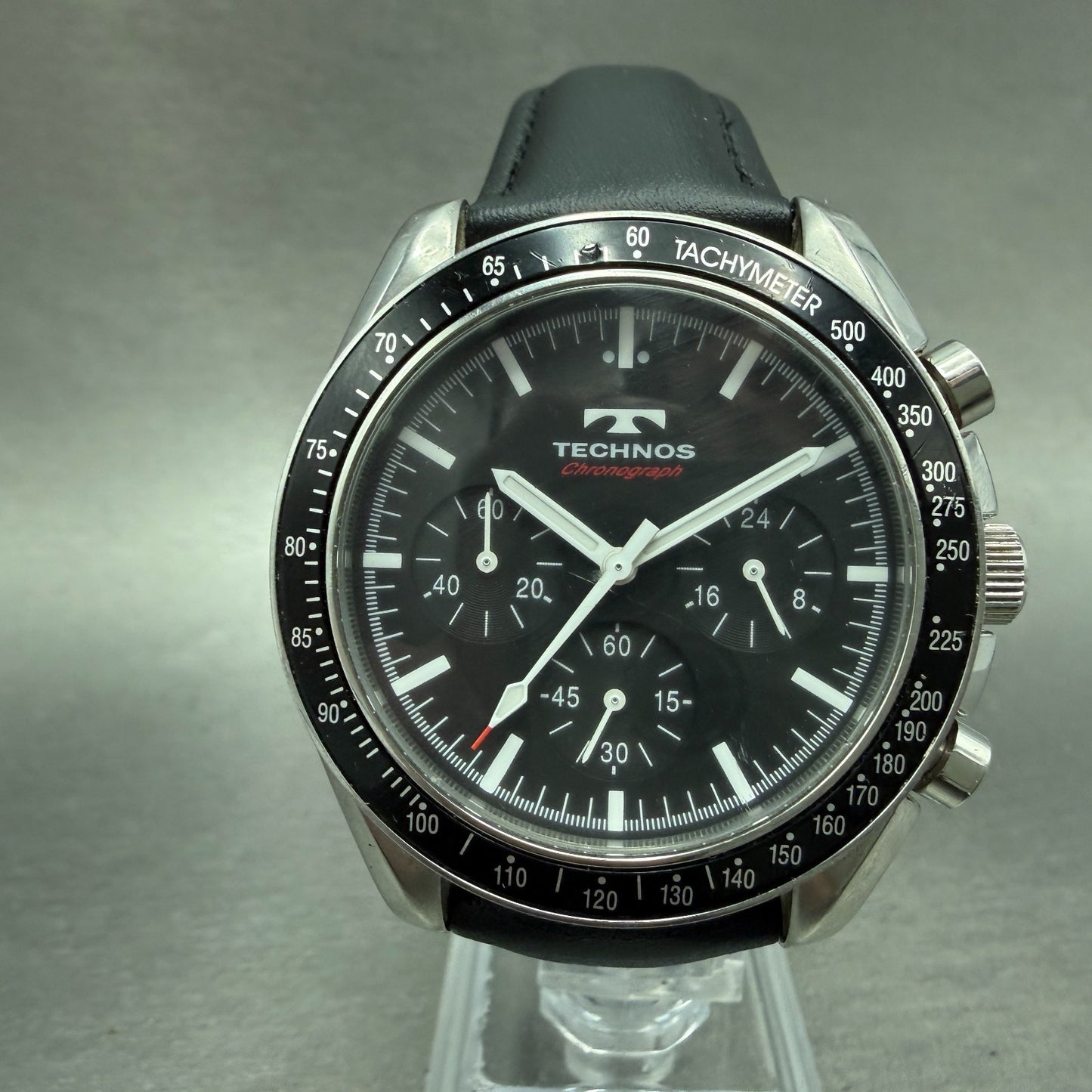 Technos Chronograph Watch Men 42mm Black Dial Silver Tone Round T4062 New Batt A0