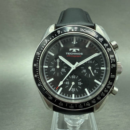 Technos Chronograph Watch Men 42mm Black Dial Silver Tone Round T4062 New Batt A0