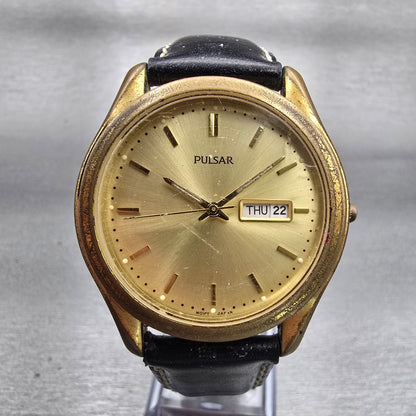 Seiko Pulsar Watch Men 37mm Gold Dial Gold Tone Daydate Round V733-X061 New Batt0