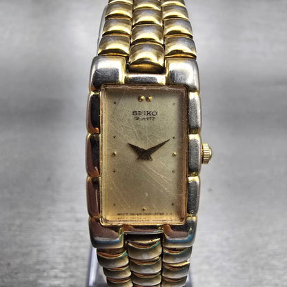Seiko Watch Women 16mm Champagne Dial Gold Tone Rectangle 1N00-5G09 New Battery0