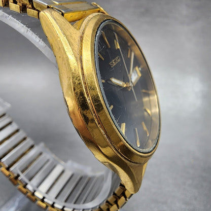 Seiko Watch Men 37mm Black Dial Gold Tone Daydate Round 7N439048 New Battery3