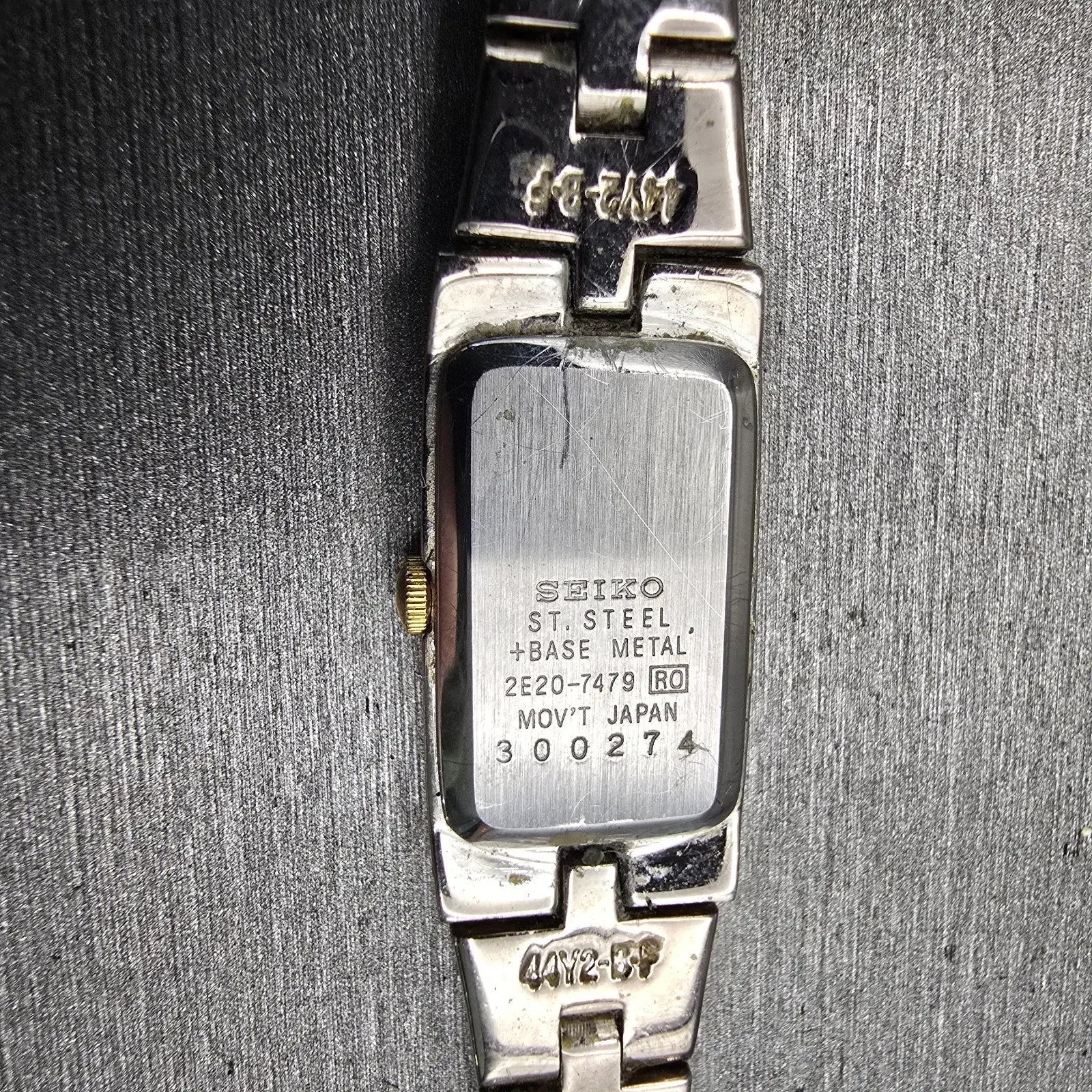 Seiko Watch Women 13mm White Dial Two Tone Rectangle 2E20-7479 New Battery READ!10