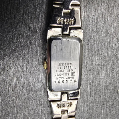 Seiko Watch Women 13mm White Dial Two Tone Rectangle 2E20-7479 New Battery READ!10
