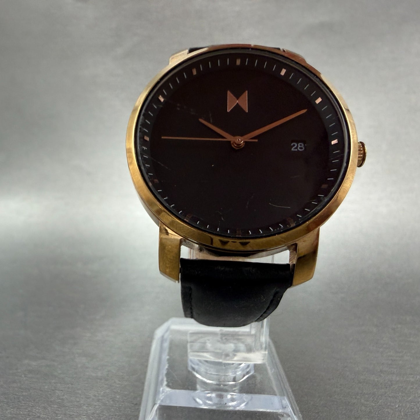 MVMT Boulevard Watch Women 38mm Black Dial Rose Gold Tone Date Leather New BattN5
