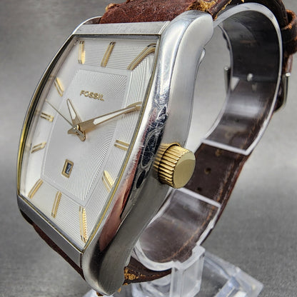 Fossil Watch Men 35mm White Dial Silver Tone Date Tonneau FS4454 New Battery2