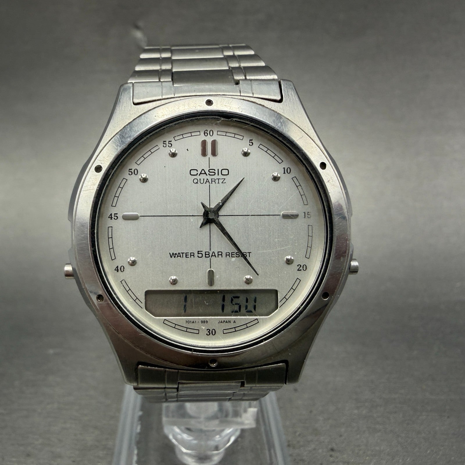 Casio AW-100 Watch Men 35mm Analog Digital Silver Alarm Round New Battery0