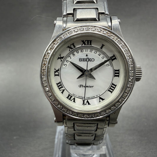 Seiko Premier Watch Women 27mm MOP Dial Silver Tone Date 7N82-0DA0 New Battery0