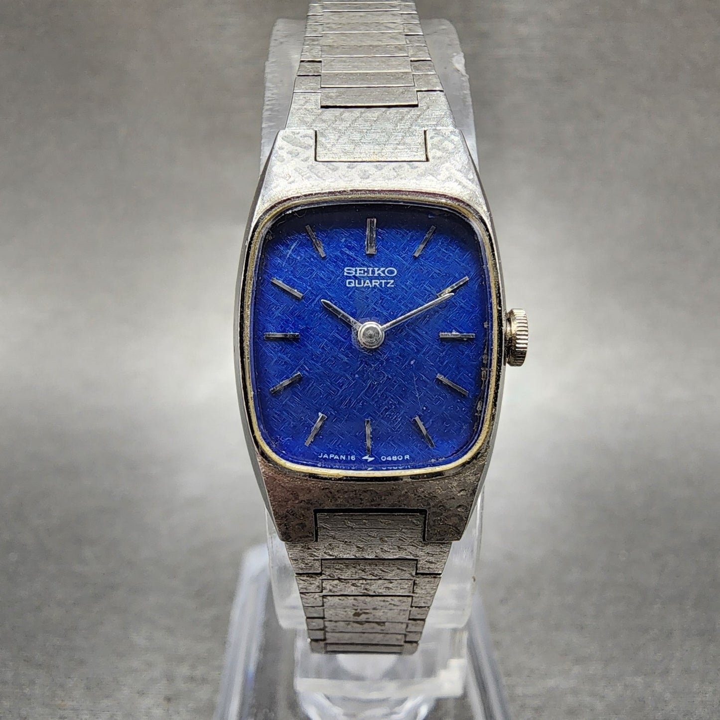 Seiko Watch Women 16mm Blue Dial Silver Tone Rectangle 165009 New Batt NOS0