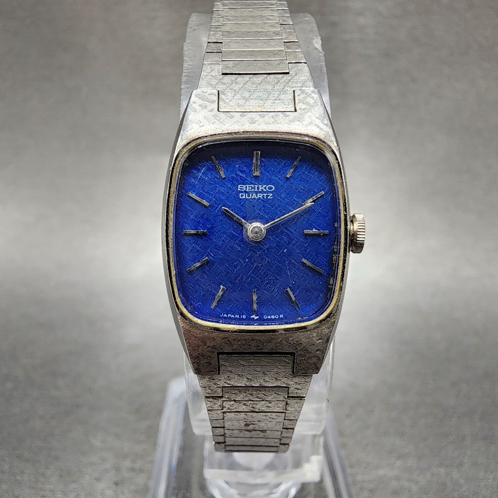 Seiko Watch Women 16mm Blue Dial Silver Tone Rectangle 165009 New Batt NOS0