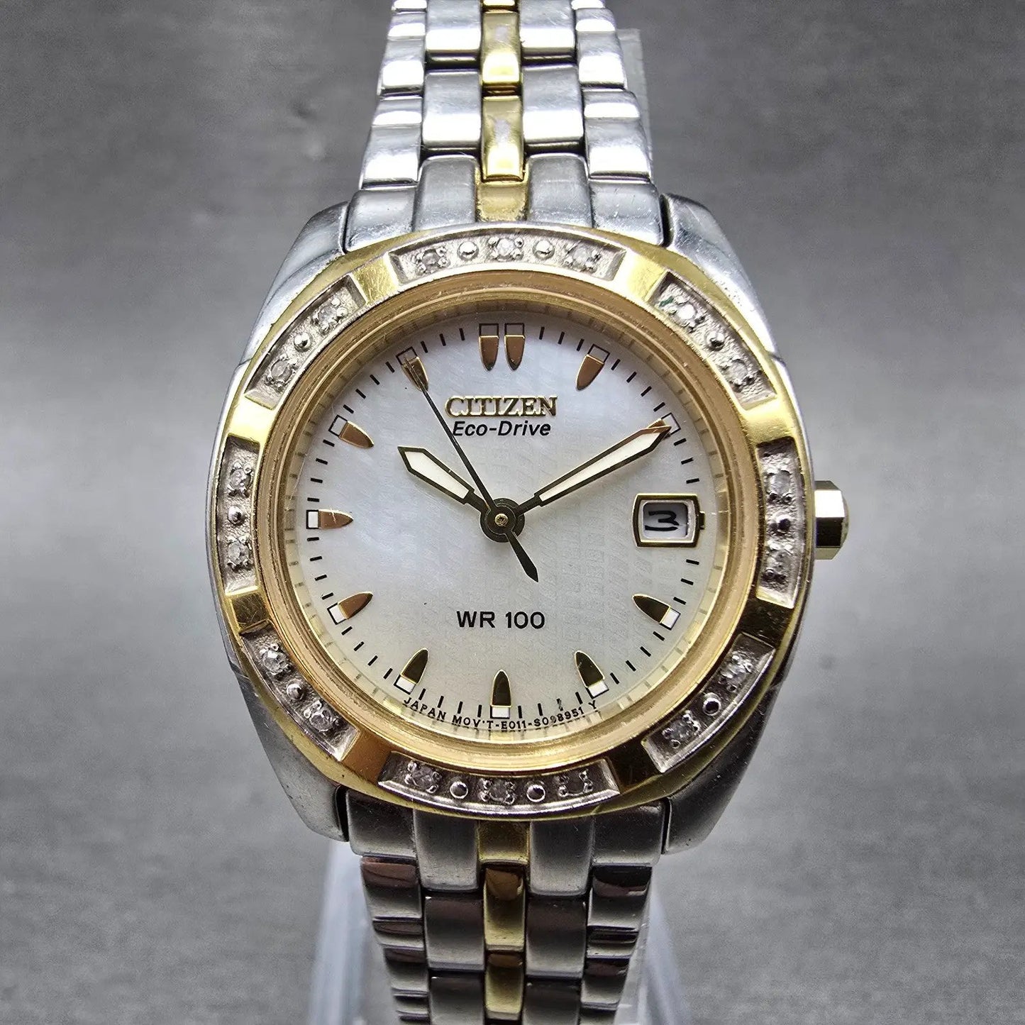 Citizen Eco-Drive Watch Women 26mm MOP Dial Two Tone Date Round EW1594-55D RunsK0