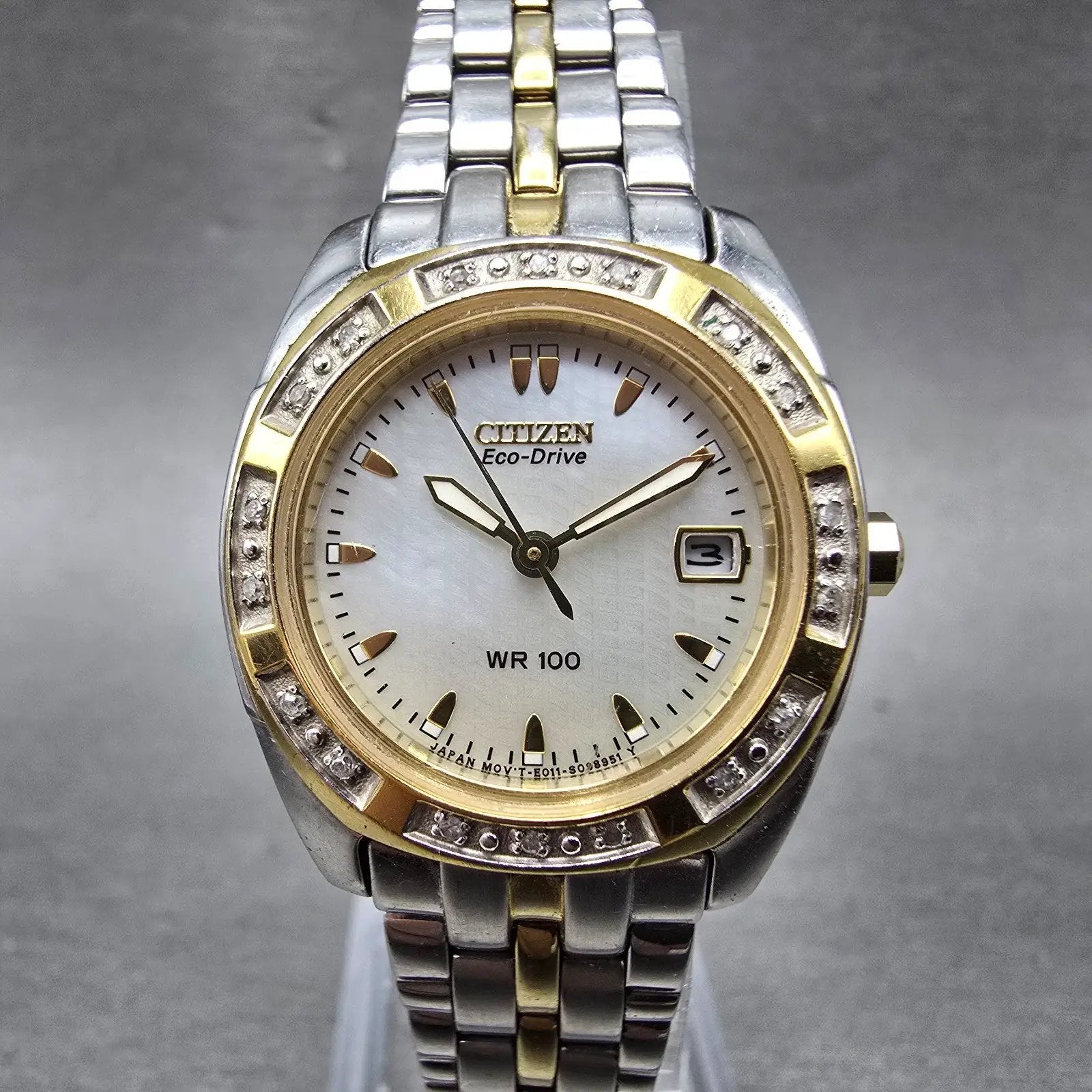 Citizen Eco-Drive Watch Women 26mm MOP Dial Two Tone Date Round EW1594-55D RunsK0