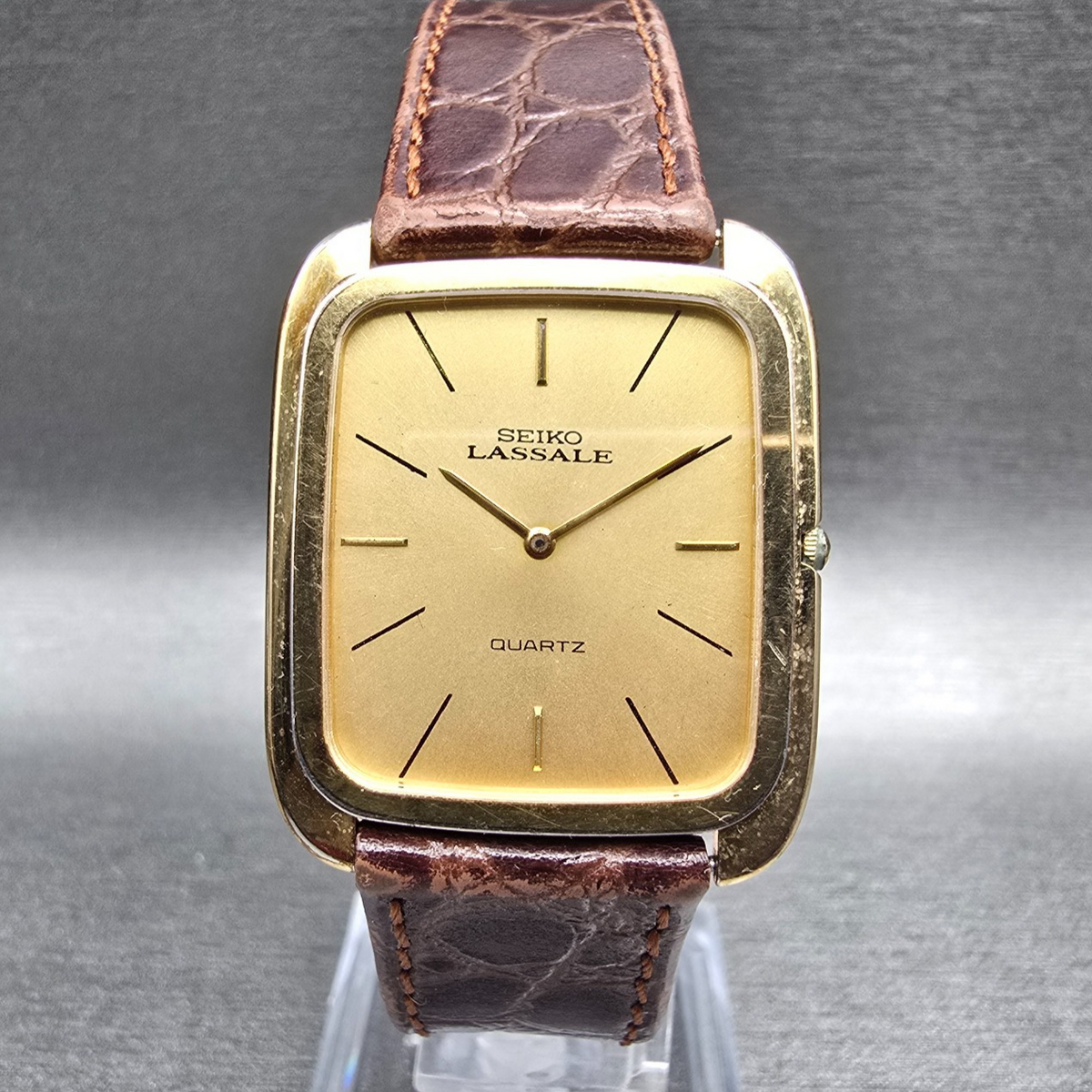 Seiko Lassale Watch Men 27mm Gold Dial Gold Tone Rectangle 9300-5008 New Battery0
