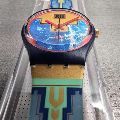 Swatch Blue Flamingo Watch Men 34mm Blue Dial Black Case GN114 New Battery NOS6